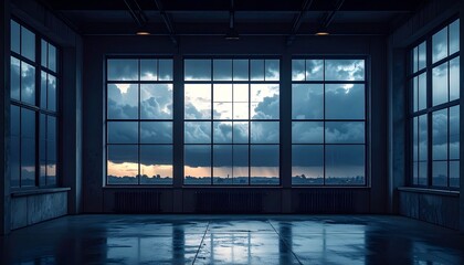 Atmospheric Dark Industrial Room with a Prominent Large Window Revealing Dramatic Stormy Clouds Outside, Creating a Moody, Reflective, and Powerful Interior Scene.
