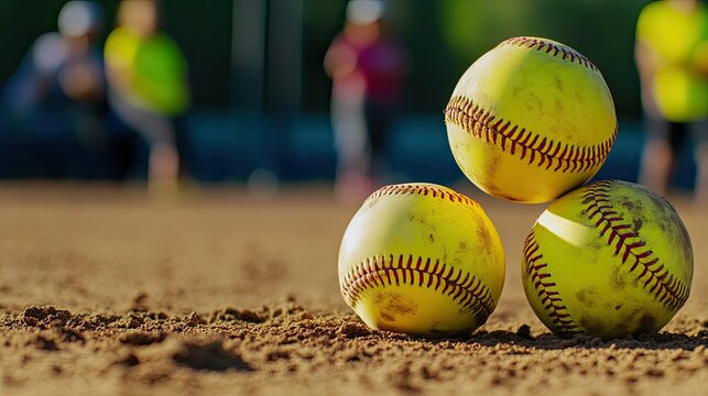 Softballs stacked on dusty field. Blurred figures of players in background