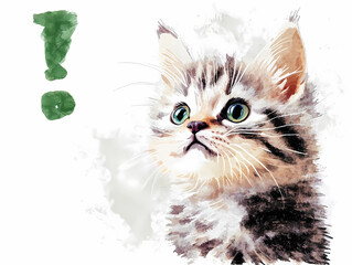 Surprised Kitten with Exclamation Mark – AI Generated Watercolor Illustration