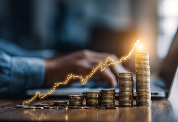 Financial Growth Chart with Rising Coin Stacks and Glowing Arrow, Symbolizing Investment 