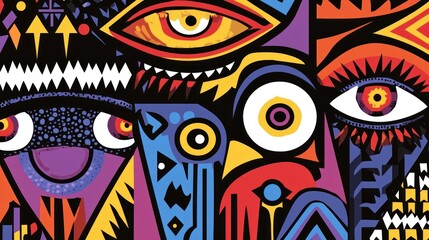 Obraz premium Vibrant abstract faces, eyes, and geometric shapes