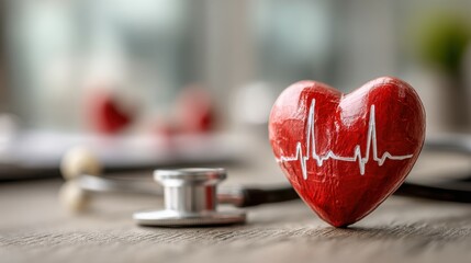 Fototapeta premium Vivid Red Textured Heart with a White ECG Line, Resting on a Wooden Surface Next to a Stethoscope, a Powerful Concept for Cardiac Health, Medical Innovation, or Love and Well-being
