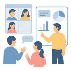 Flat illustration of virtual meeting with colleagues via video call and whiteboard presentation. Ideal for remote work, e-learning, SaaS, and collaboration tools.