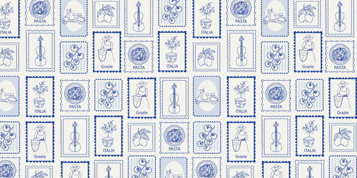 Seamless Mediterranean pattern with Italy vacation doodles in frames. Vintage coastal design for kitchen textiles, packaging, and beach decor.	