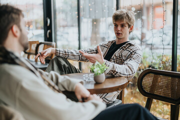 Two young people enjoying a lively discussion at a modern cafe, surrounded by a warm, inviting atmosphere and natural light. Perfect for themes of friendship, communication, and social interactions.