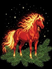 Christmas Fiery Horse on Pine Branches with Stars
