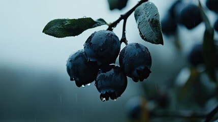 Close-up of blueberries on branch, rain