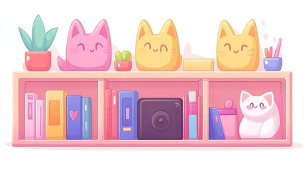 Pink bookshelf with cute cats, plants, and books