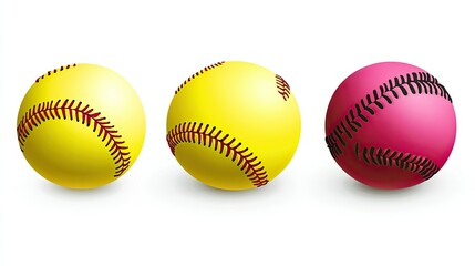 Three softball images, yellow and pink, with stitching