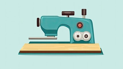 Teal sewing machine on light teal background with wooden base