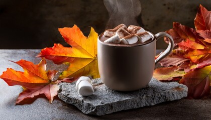 steaming hot chocolate marshmallows autumn leaves on rustic stone mug concrete autumn leaves