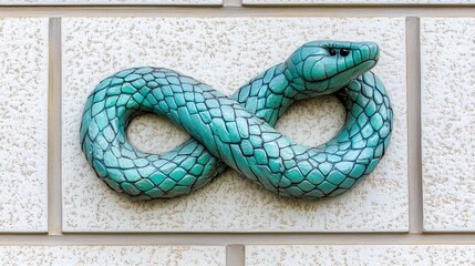 Teal snake in infinity symbol on light beige wall