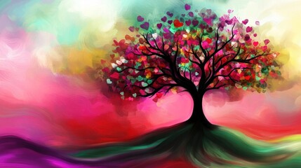 Colorful abstract tree with heart-shaped leaves, vibrant background