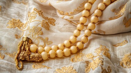 Cream-colored beaded necklace on patterned fabric