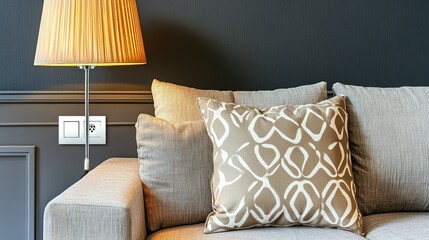 Beige couch with patterned pillows, lamp, dark wall