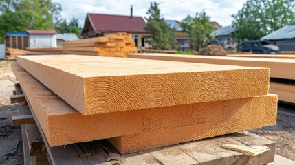 Stacked lumber planks on wooden pallets, ready for construction