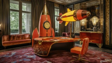 Ornate rocket-shaped desk in opulent room