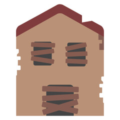 Cartoon-style of a boarded-up house, isolated on white background