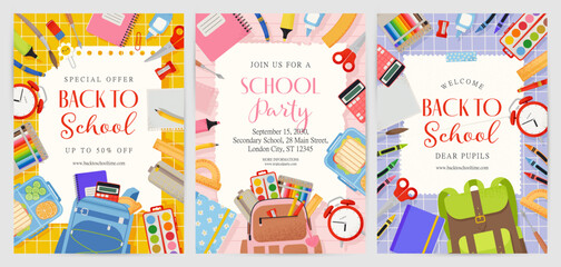 Back to School Posters or Flyers. School Backpack and Supplies. Vector illustration in trendy flat style