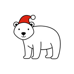 Polar Bear in Santa hat line art illustration.