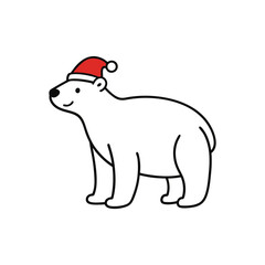 Polar Bear in Santa hat line art illustration.