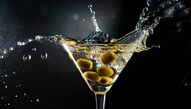 martini with olives and splashes