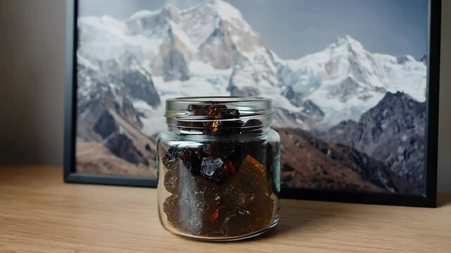 A glass jar filled with shilajit resin sits on a wooden table. In the background, a framed photo of snow-capped Himalayan mountains is visible.