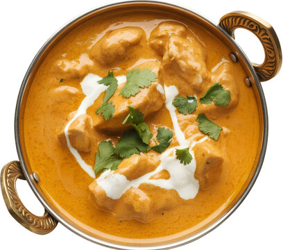 Top view Indian butter chicken curry in balti dish.