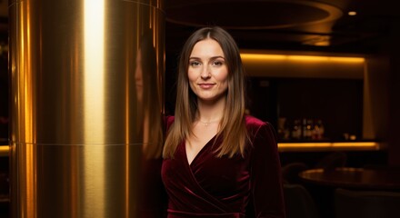 Young woman smiling while standing beside a gold column indoors  