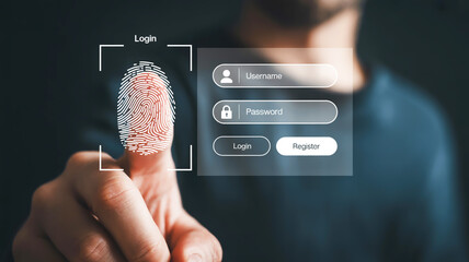 A realistic digital illustration shows a finger scanning fingerprint for login on a sleek modern interface with dark minimal futuristic design