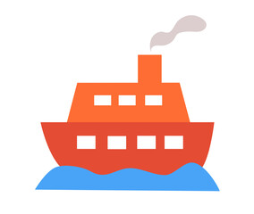 Red Traveling with Ship and Wave in the Ocean Sea. Vector flat illustration.