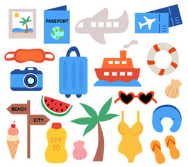 Summer Elements set. Tropical vacation on beach collection. Vector illustration.