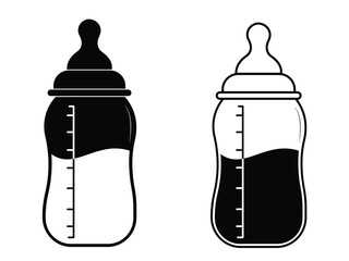 Baby milk bottle icon vector with milk. Silhouette of baby milk bottle symbol and sign. Baby feeding bottle icon vector illustration.