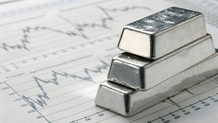 Stacked Silver Ingots Resting On AFinancial Chart Illustrating Investment Growth And Precious Metal Market Trends