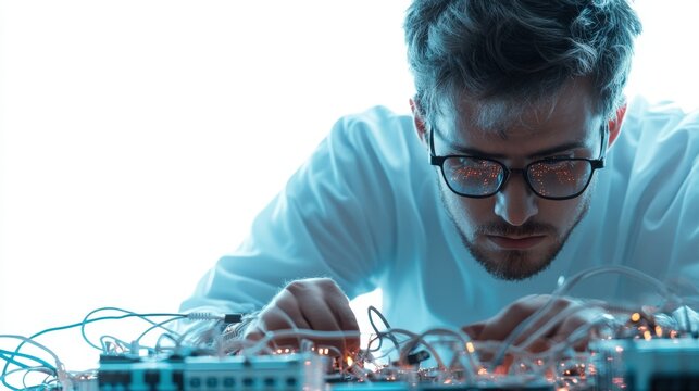 A network engineer configuring servers with glowing cables, white isolated background, copyspace