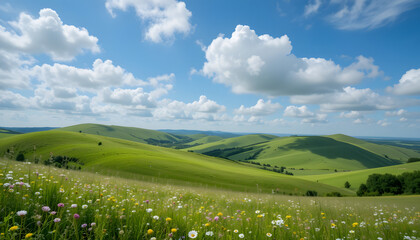 Fototapeta premium Rolling Green Hills with Wildflowers Under Blue Sky
