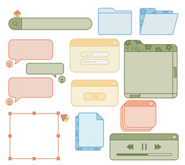 Cottage web elements vector. Floral retro computer files template set illustration. Retro Ui frame collection.