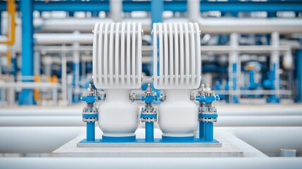 A closed-loop cooling system within a power plant, showing intricate piping and pumps circulating coolant, emphasizing efficient thermal management and water conservation.