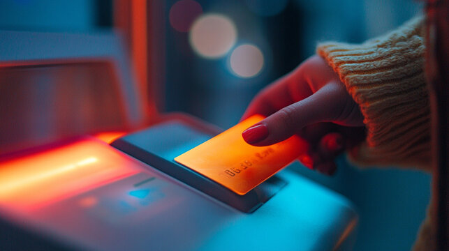 macro photography of hand tapping card on contactless payment terminal