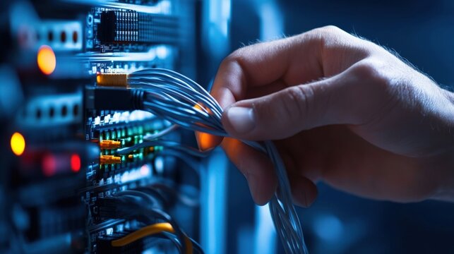 A network engineer troubleshooting connectivity issues with signal graphics, copyspace