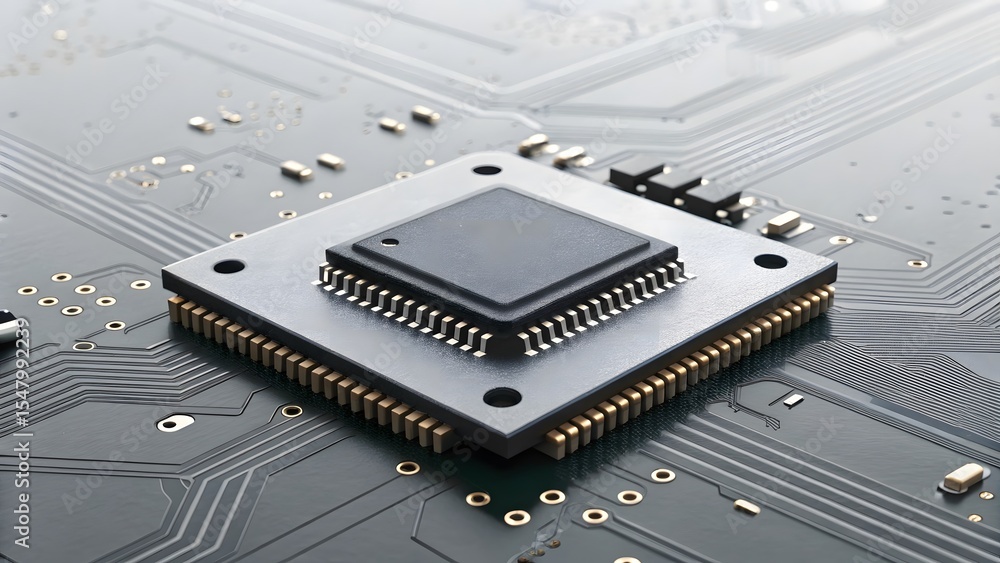 Poster closeup view of a microchip meticulously placed on a circuit board, showcasing intricate details of 