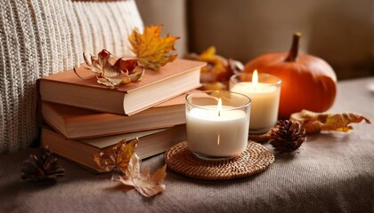 cozy autumn hygge scene with candles and books