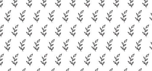 Hand drawing Floral Seamless Pattern - Black and white base grid pattern with leaf outline style