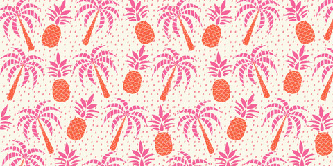 Fototapeta premium Hand drawn tropical palm tree and pineapple seamless pattern. Summer tropical print. Vector hand drawn illustration for fabric, wrapping paper, prints, artworks.