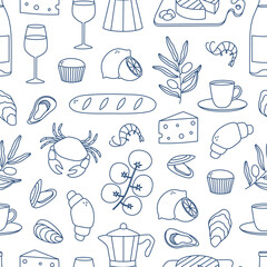 Hand drawn outline mediterranean food seamless pattern. Doodle drawing for print, menu design, poster, banner