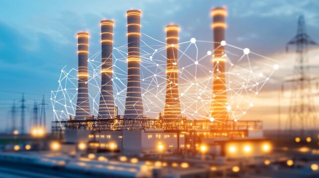 A smart grid visualization overlaying a power plant, showing digital data streams flowing between the generation facility and the wider electricity distribution network.