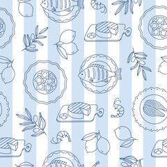 Hand drawn outline mediterranean food seamless pattern with blue strips. Doodle drawing for print, menu design, poster, banner