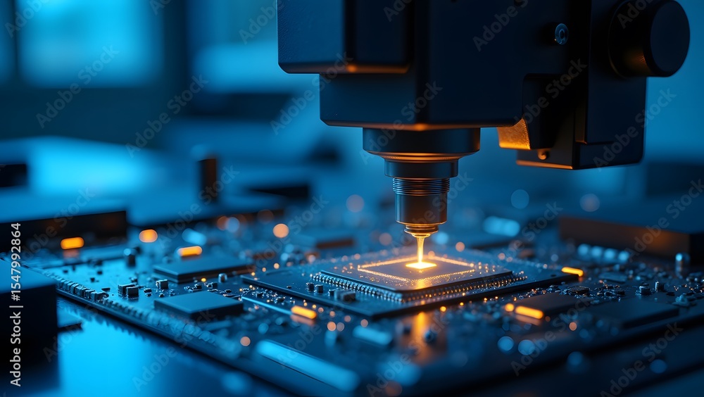 Poster precision microchip manufacturing a close-up view of a robotic arm meticulously placing components o