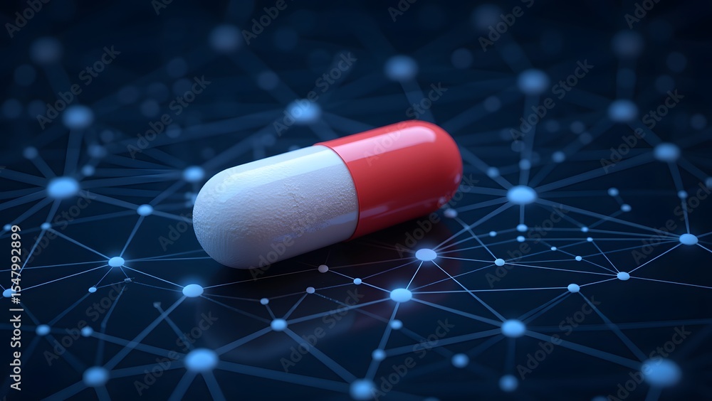 Poster red and white capsule resting on complex network graphic depicting data connections and interconnect