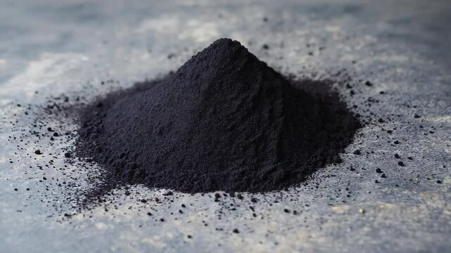 A mound of black powder on a textured surface. The powder represents shilajit, a natural supplement known for energy boost and cognitive support.
